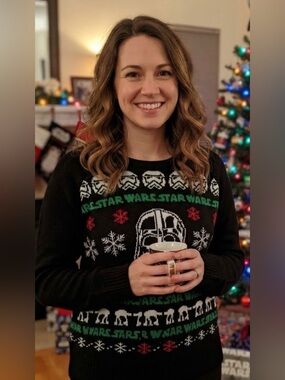Star Wars Black Crewneck Sweater with Green, White and Red Holiday Knit